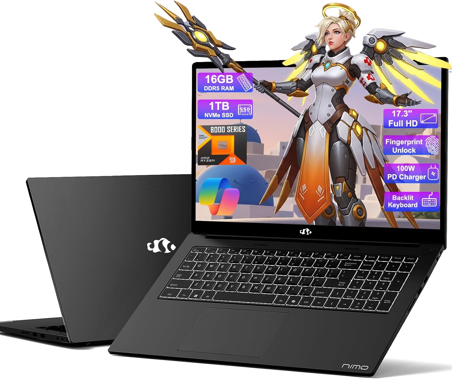 NIMO 17.3 Gaming-Laptop Ryzen 9 8945HS (>i9-13900H) 16GB RAM, 1TB SSD, Radeon 780M, PD 100W USB-C 4.0 AI-Enhanced for Copilot VR Ready, Backlit KB Fingerprint Unlock, Gaming Student Office Business