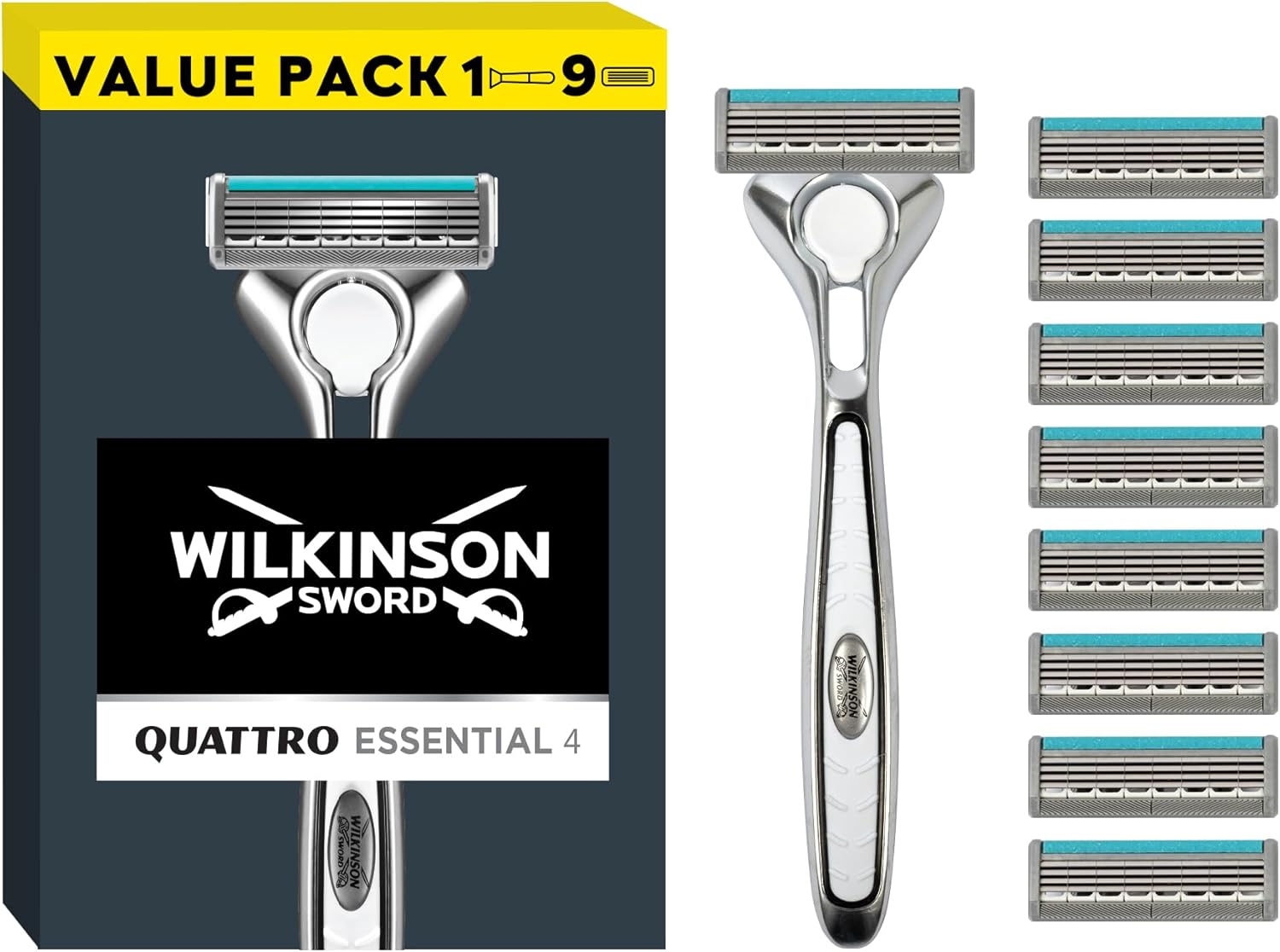 Wilkinson Sword Quattro Titanium Men's Razor for Sensitive Comfort, Great Addition to Wash Bags for Men's Grooming, Shavers for Sensitive Skin, 1 Reusable Razor Handle plus 9 Refill Blades Pack
