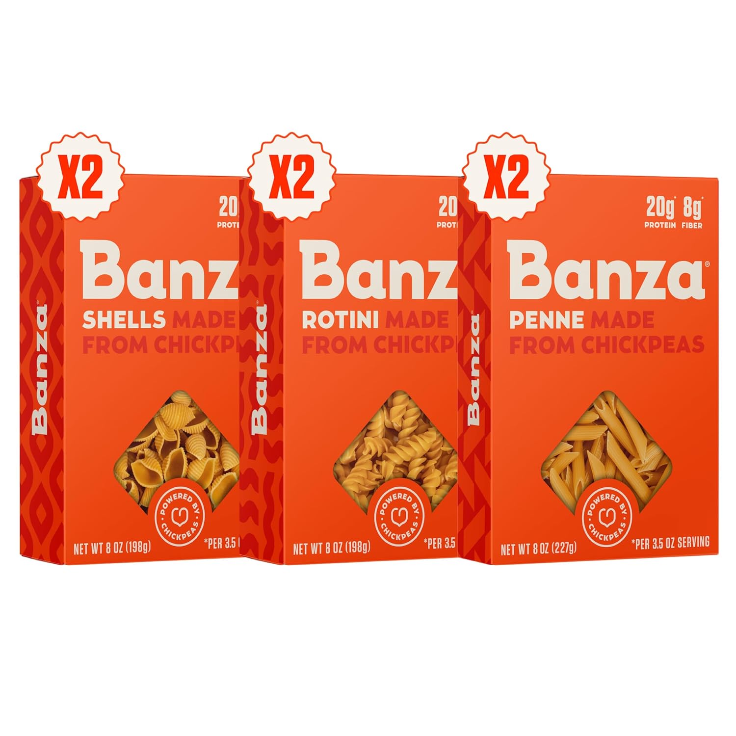 Banza Gluten-Free Chickpea Pasta, Variety Pack 20g Protein | Lower Carb | High Fiber | High Protein | Plant Based Pasta | 8oz (Pack of 6)