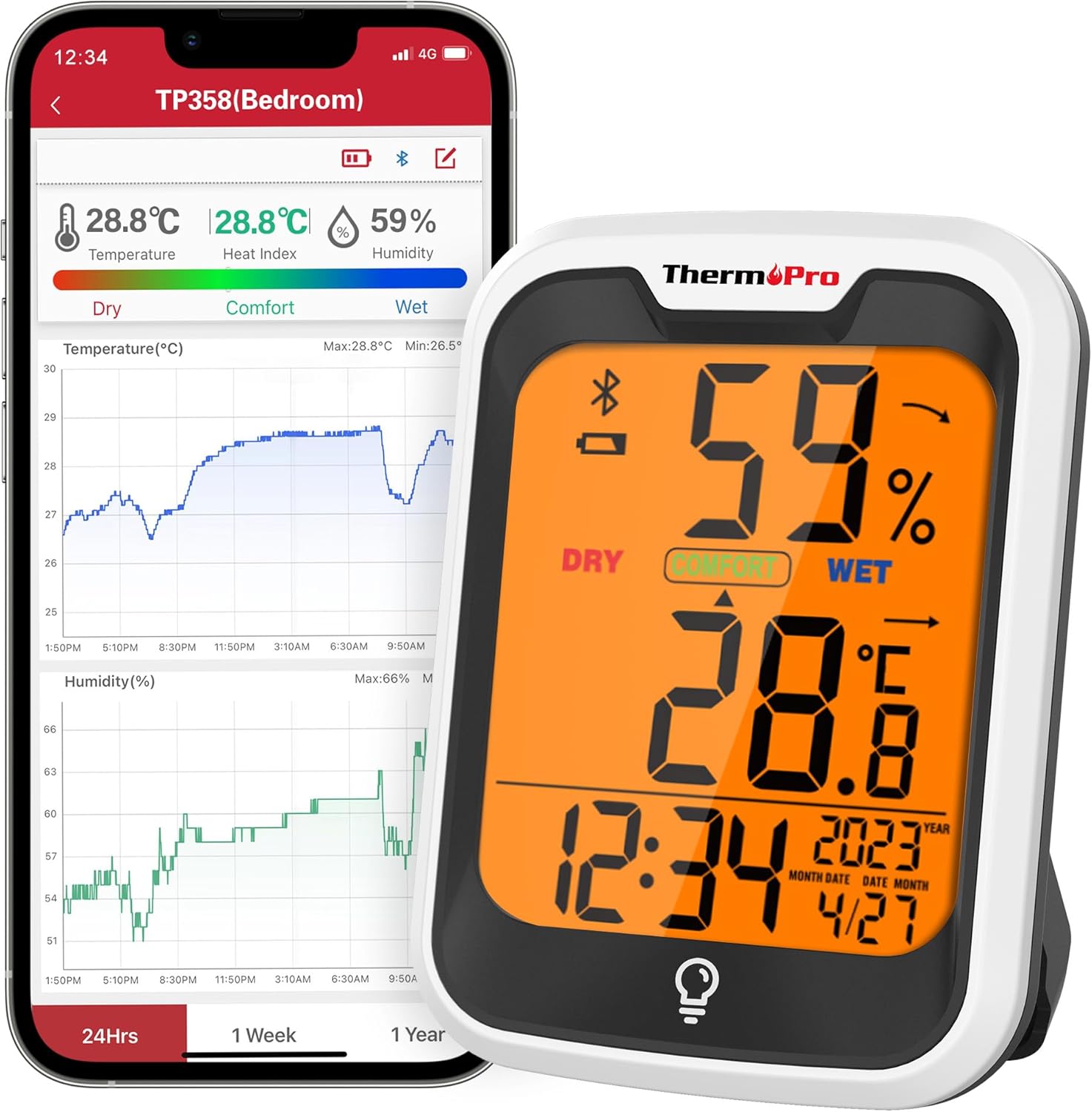 ThermoPro TP358 Bluetooth Hygrometer Room Thermometer with Built-in Clock, Swiss-made Sensor Indoor Thermometer with Backlit and Notification Alert Ideal for Baby Room, Greenhouse, Office and Cellar