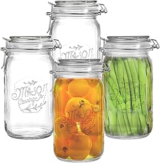 Tebery 4 Pack Clear Wide Mouth Glass Mason Jars with Airtight Clamp Lids, 32Oz Glass Storage Containers Large Kitchen Canisters for Food, Flour, Pasta, Coffee, Candy, Dog Treats, Snacks & More