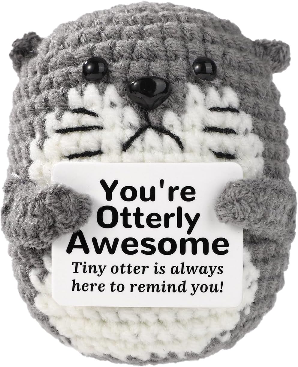 TOYMIS Positive Sea Otter Crochet, Emotional Doll Support Sea Otter Cute Mini Animal Crochet with Positive Message Card for Encouraging Gift Home Office Car Dashboard Decoration(Grey)