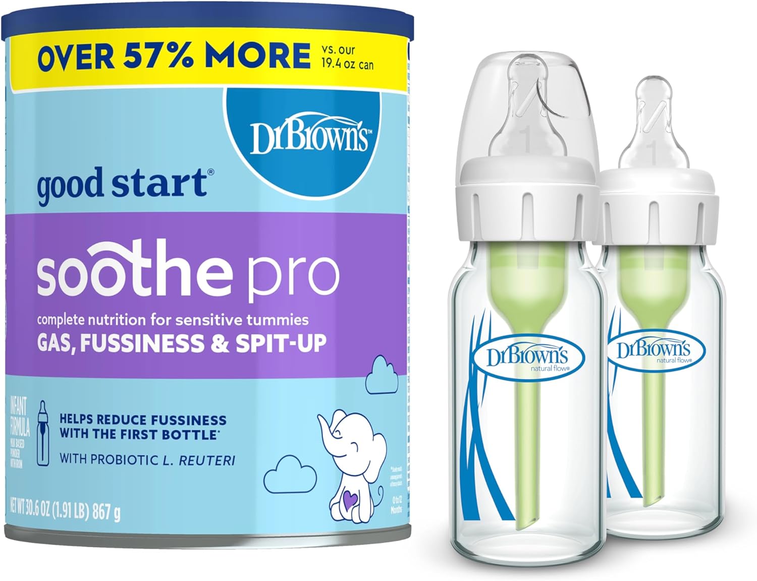 Dr. Brown's Good Start Baby Formula Powder, 30.6 Ounce & Natural Flow Anti-Colic Options+ Narrow Glass Baby Bottle 4 oz/120 mL, with Level 1 Slow Flow Nipple, 2 Pack, 0m+