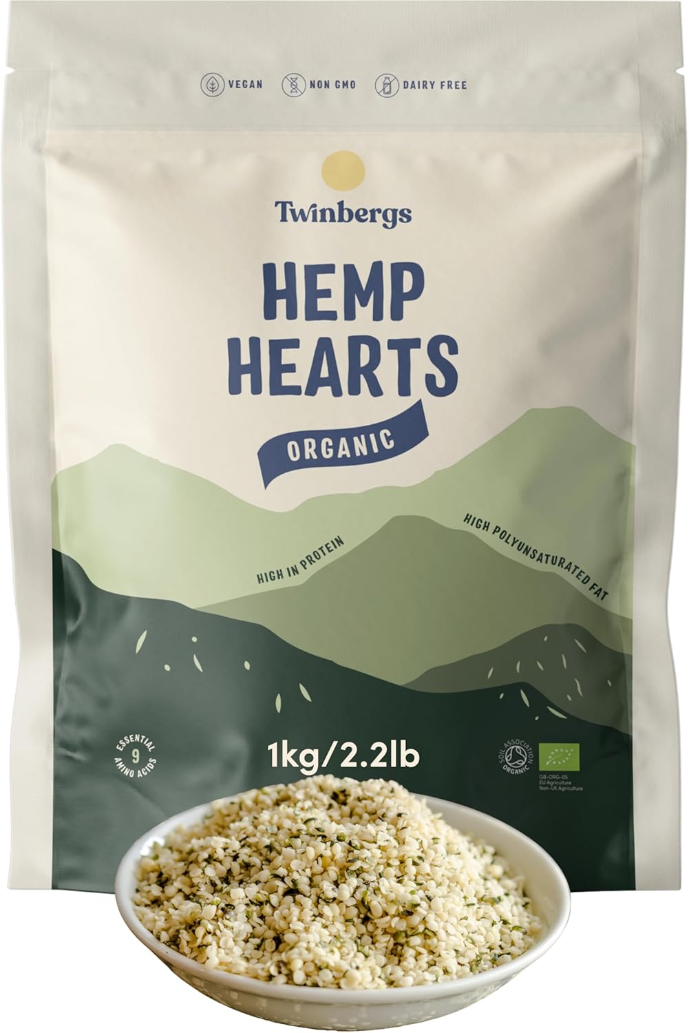 Twinbergs Organic Shelled Hemp Seeds 1KG – Raw, Hulled Hemp Hearts | Superfood With Omega 3 & 6 for Smoothies, Baking & Protein Boost