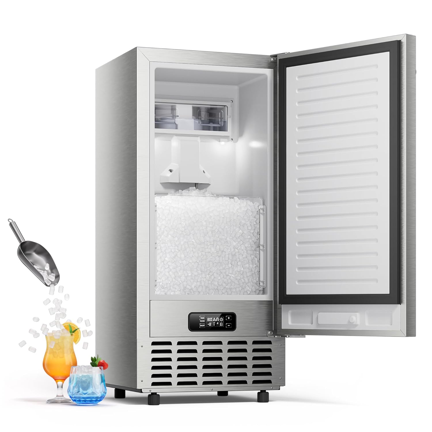 ecozy Under Counter Nugget Ice Maker Machine, Bulit-in & Freestanding, Horizontal Handle, Reversible Door, 66 Lbs/Day, Thickened Viewing Glass Window, Self-Cleaning & 24H Timer, Stainless Steel