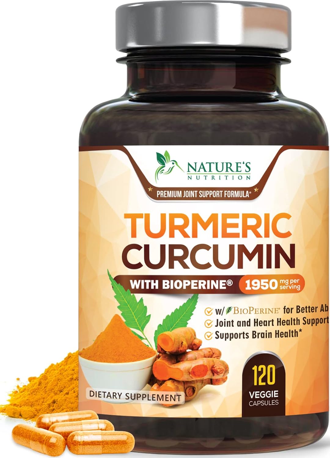 Turmeric Curcumin Supplement 1950mg - 95% Curcuminoids with Organic Tumeric & BioPerine Black Pepper for Best Absorption, Nature's Joint & Immune Support, Vegan, Non-GMO, Bottled in USA, 120 Capsules