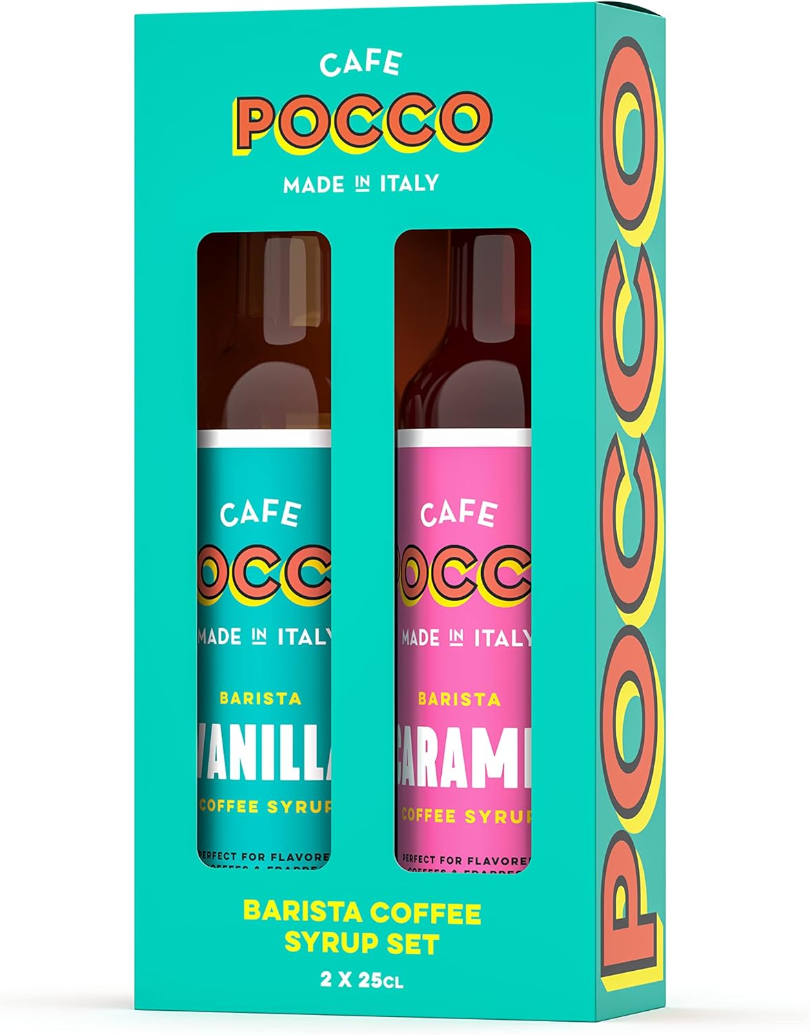 Cafe Pocco Coffee Syrup Set - 250ml Glass Bottles - Caramel & Vanilla - Perfect For Making Lattes, Iced Lattes and Frappes