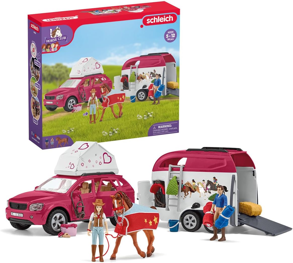 Schleich Horse Club - 110 PC Car and Trailer Tent Camping Playset with Fun Horse and Rider Figures for Girls and Boys - Realistic Toy Figurines and Accessories for Kids Ages 5+ | 42535