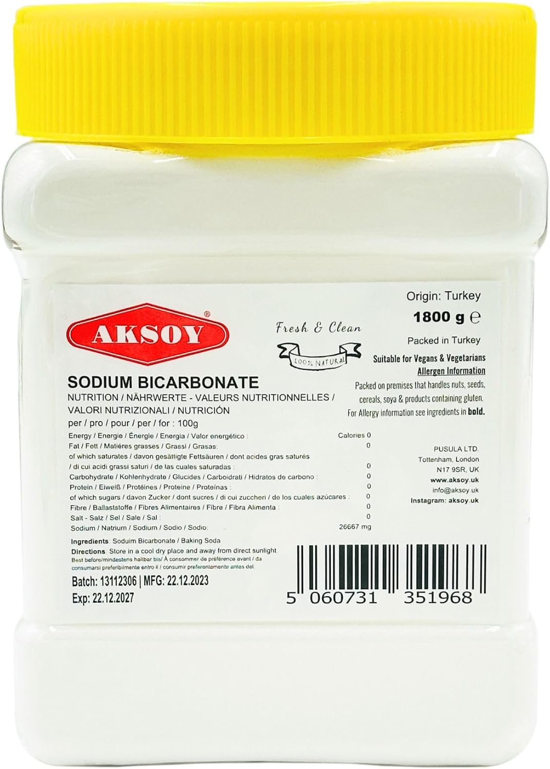 Aksoy Baking Soda 1.8KG Jar || Pure Sodium Bicarbonate Powder, Highest Purity, Food Grade – Versatile Baking Soda for Cooking, Baking, Cleaning, Deodorizing & More!