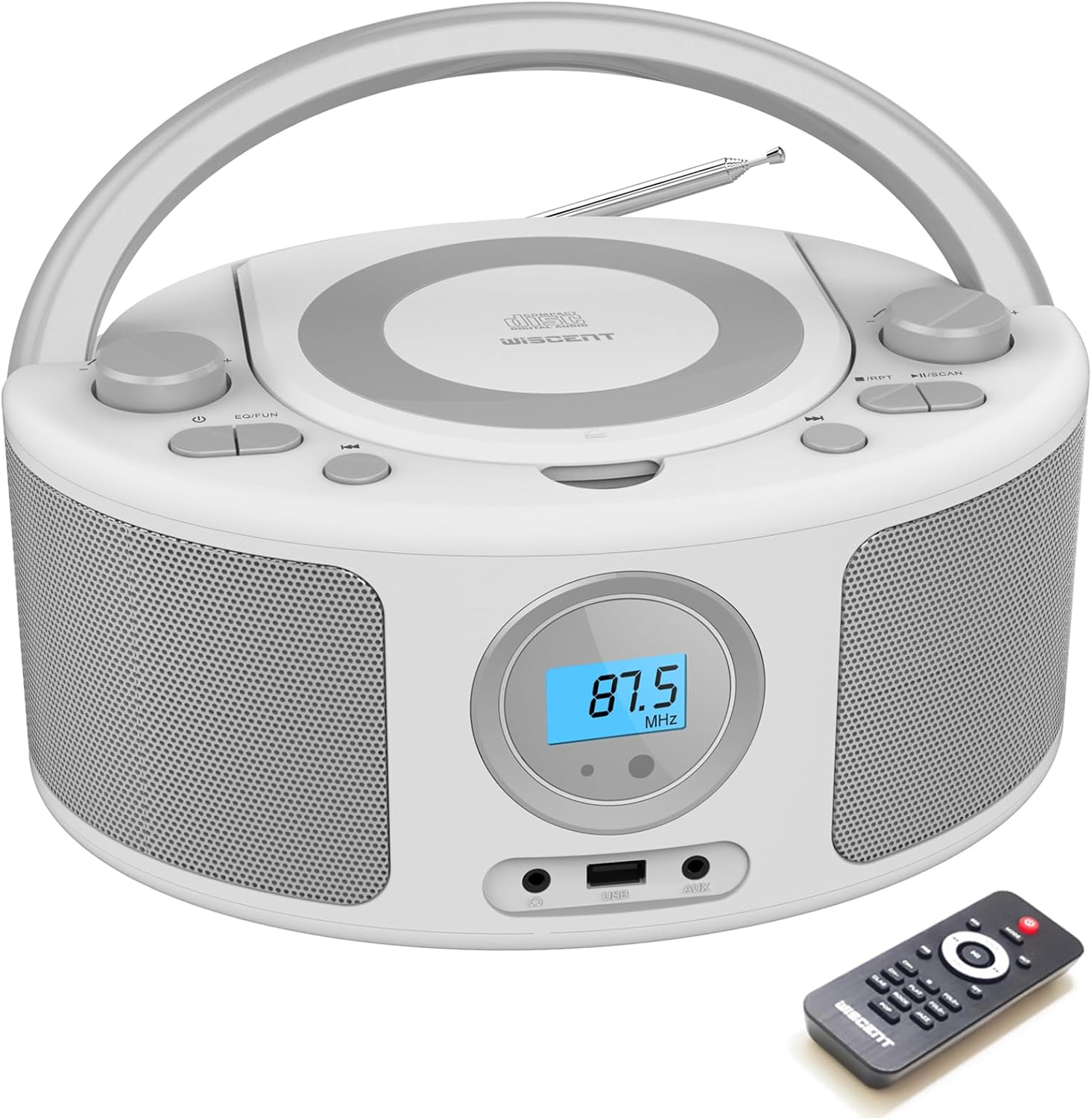 WISCENT Portable CD Player with Bluetooth Boombox, FM Radio Stereo Sound, USB, 3.5mm AUX Port & Headphone Jack, Mains or Battery