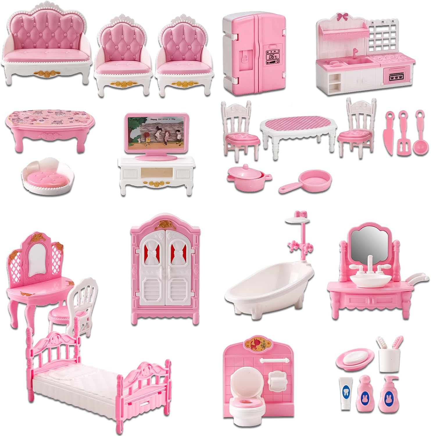 32Pcs Dolls House Furniture Set Mini Building Blocks Dollhouse Minihouse Realistic Miniatures DIY Accessories Kit for Kids Childs Gifts Family