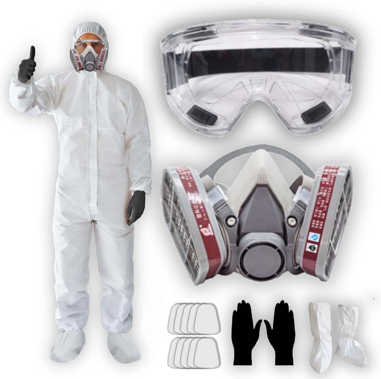 Hazmat Paint Suit Plus Full Face Respirator Mask And Anti Fog Protection Goggles Full Body Suit Production 6 Sizes
