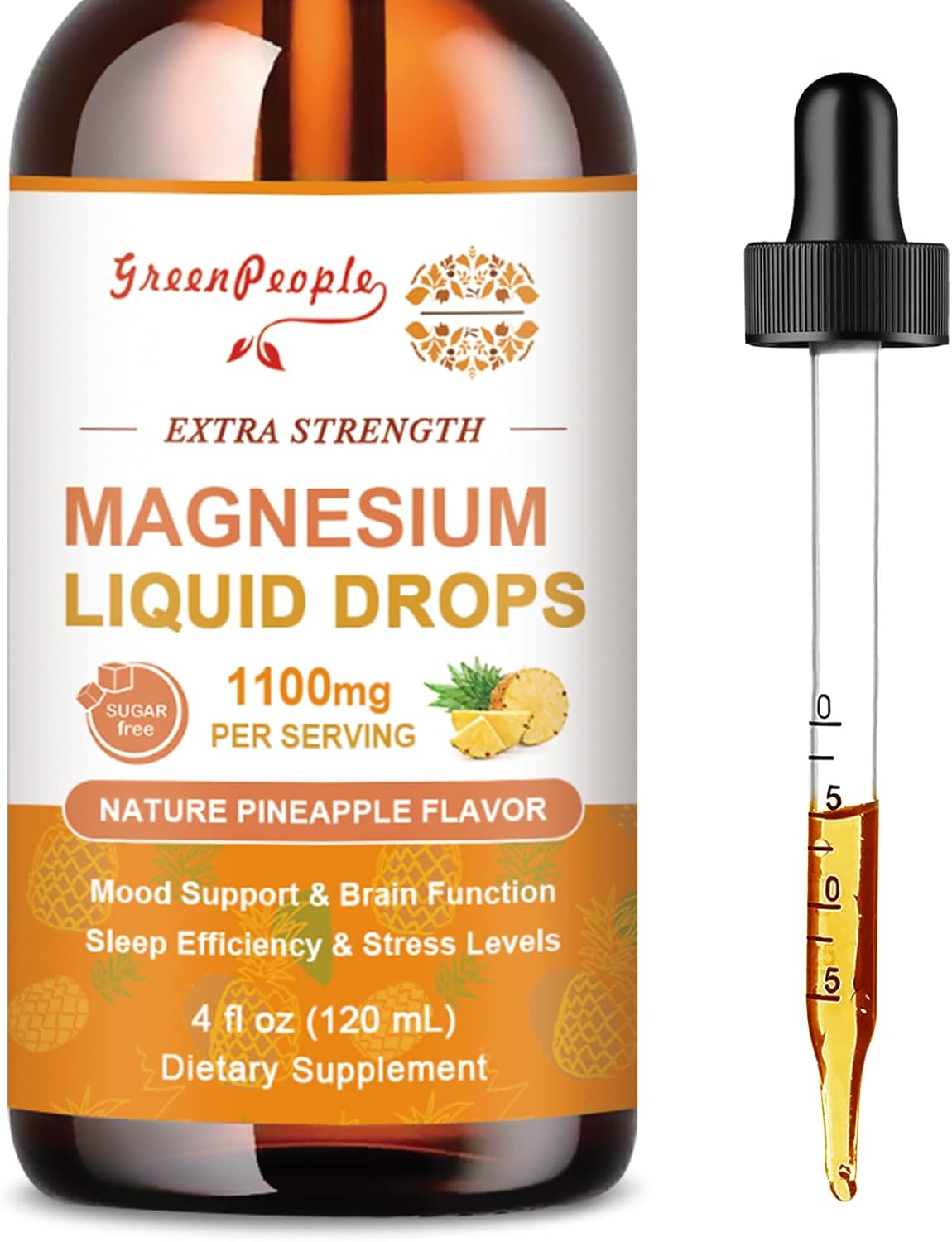 17-in-1 Triple Magnesium Complex Supplement 1100mg, Magnesium Liquid Drops with Magnesium Glycinate 400mg & Citrate 500mg, Pineapple Flavor, Calm Mood, Muscle & Sleep for Adults, 4 fl. oz
