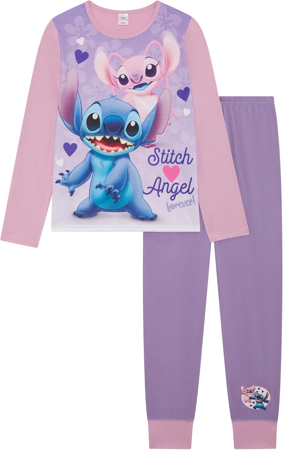 Disney Lilo & Stitch, Girls 2 Piece Pyjamas Set Featuring Stitch and Angel, Lilac, Age 5-12 Years
