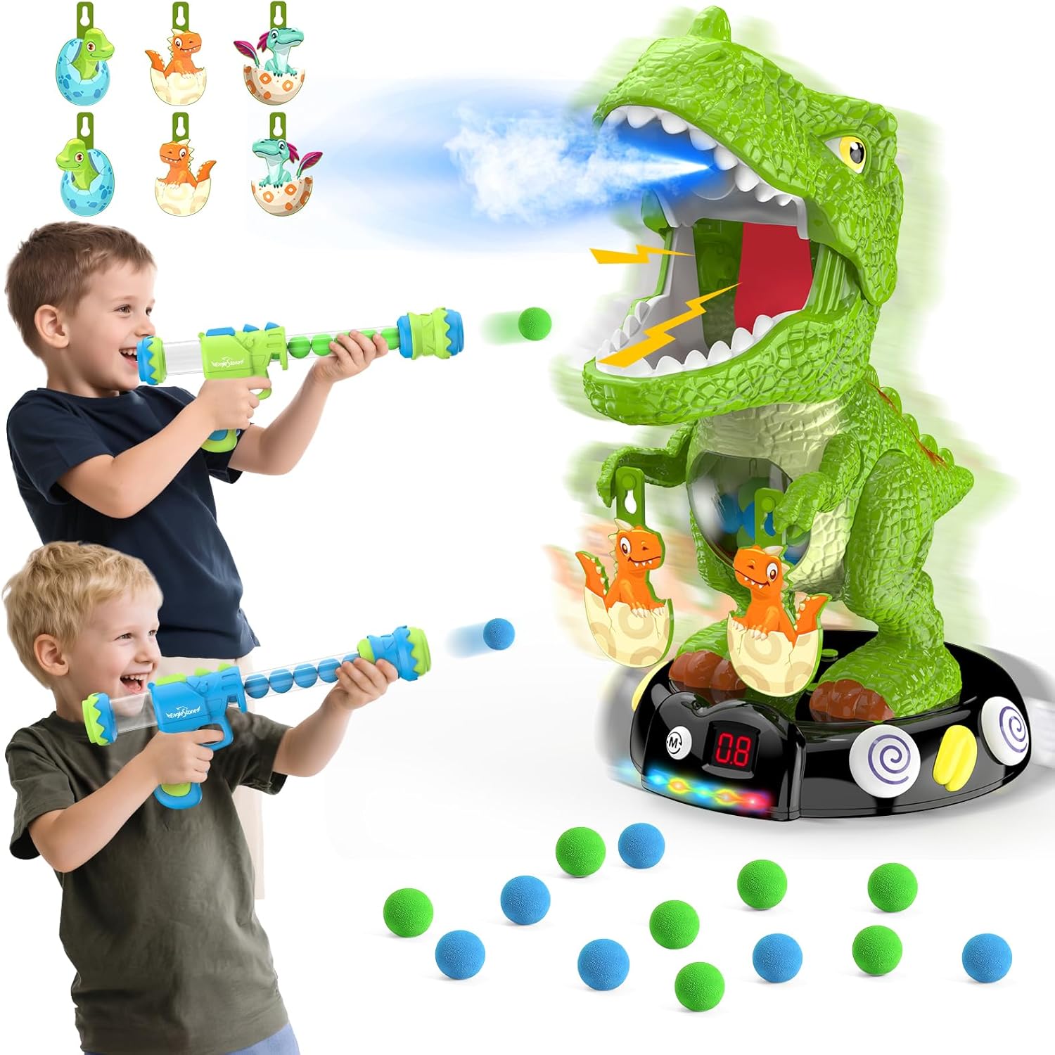 EagleStone Moving Dinosaur Shooting Toys for Kids 5-7, Electronic T-Rex Shoot Target Game with Mist Spray, LED Score, Roar & Light, 3-Pair Dino Target, Birthday Gifts for 5 6 7 8 9 Year Old Boys Girls