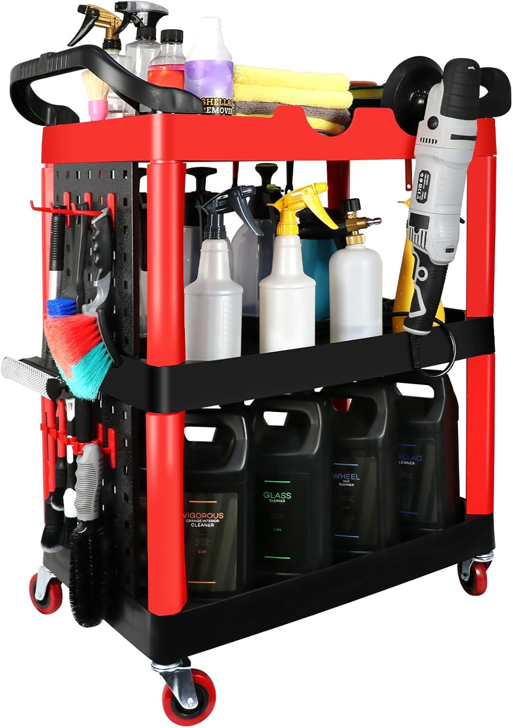 Auto Detailing Cart with Wheels, 3 Tier Car Detailing Cart with Hanging Boards & Hooks, Car Wash Organizer for Garage Workshop DIY Home