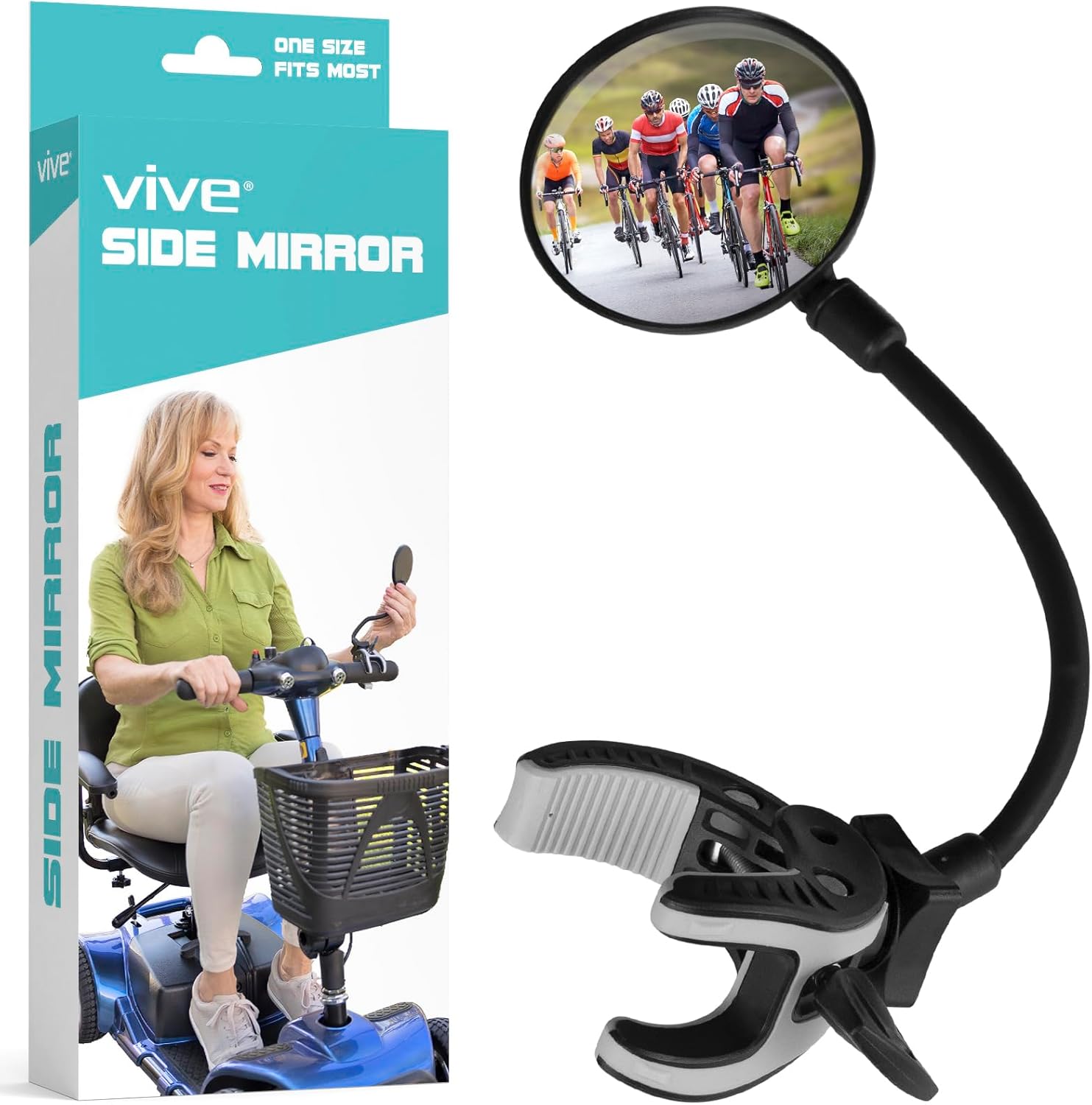 Vive Rear-View Side Mirror - Designed for Scooters, Bikes, Motor Vehicles, Bicycles, Handlebars - Clamp On Scratch Resistant Glass - 360 Rotatable, Adjustable, Universal Fit, Wide Angle Safety Support