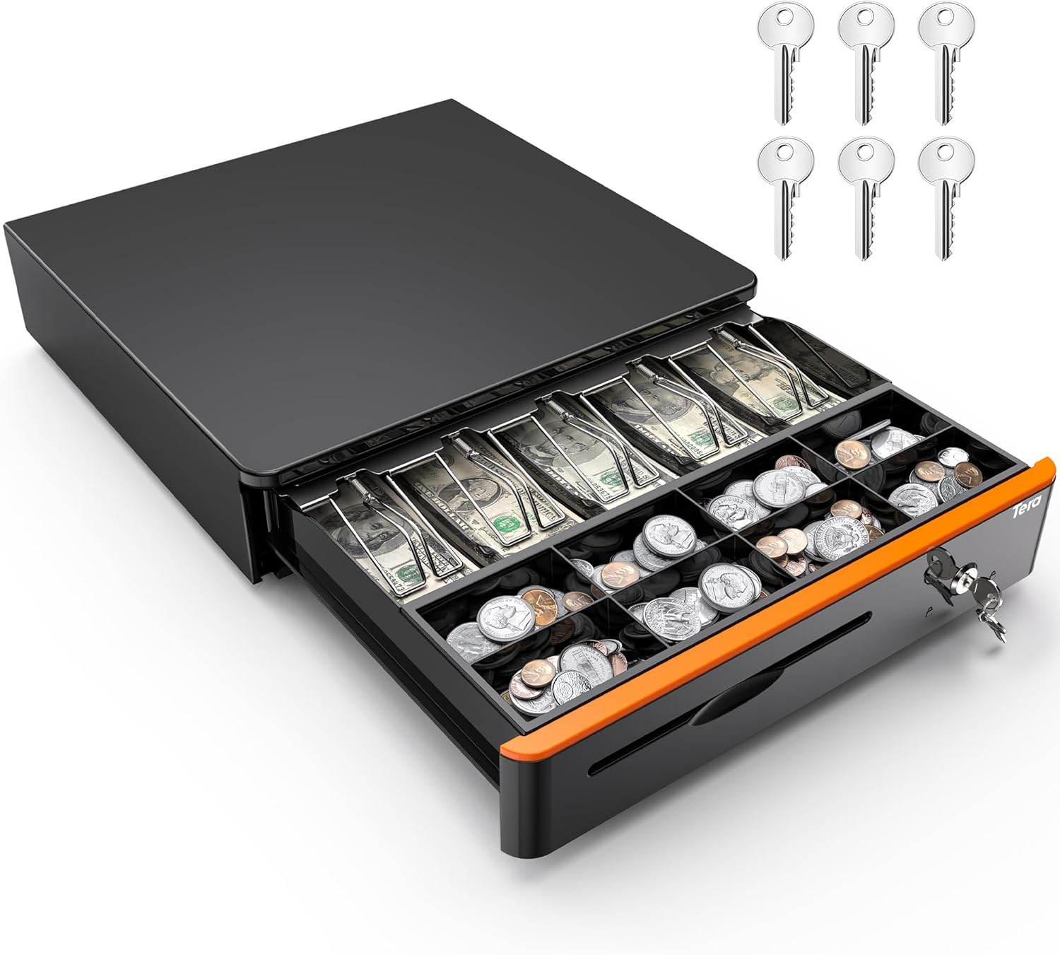 Tera 16 inch Auto Open Cash Drawer with Heavy Duty Insert Tray 5 Bill 8 Coin for POS System Removable Cash Tray Media Slot 24V RJ12 Key-Lock (Round Corner) for Small Business Retail 405R