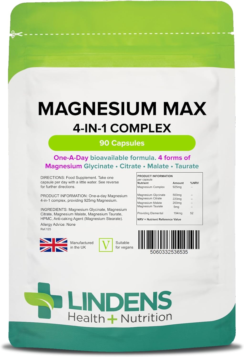 Lindens - Magnesium Max 4-in-1 Complex, 90 Caps - 1 a Day, UK Made - Muscle Support, Bone Health & Energy Boost - Magnesium Glycinate, Citrate, Malate & Taurate - Letterbox Friendly, Vegan