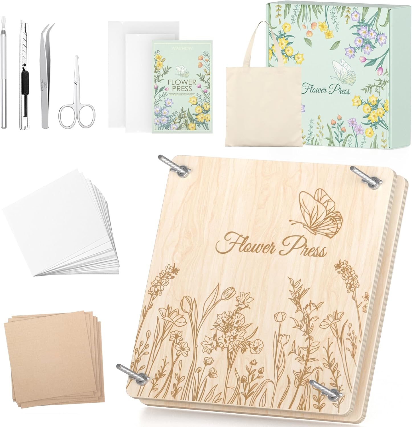Wakhow Flower Press Kit – 11" x 11" Large Wooden Flower Presser for Adults & Teens | DIY Bouquet Preservation & Dried Flower Art | Ideal Gift for Nature & Craft Lovers