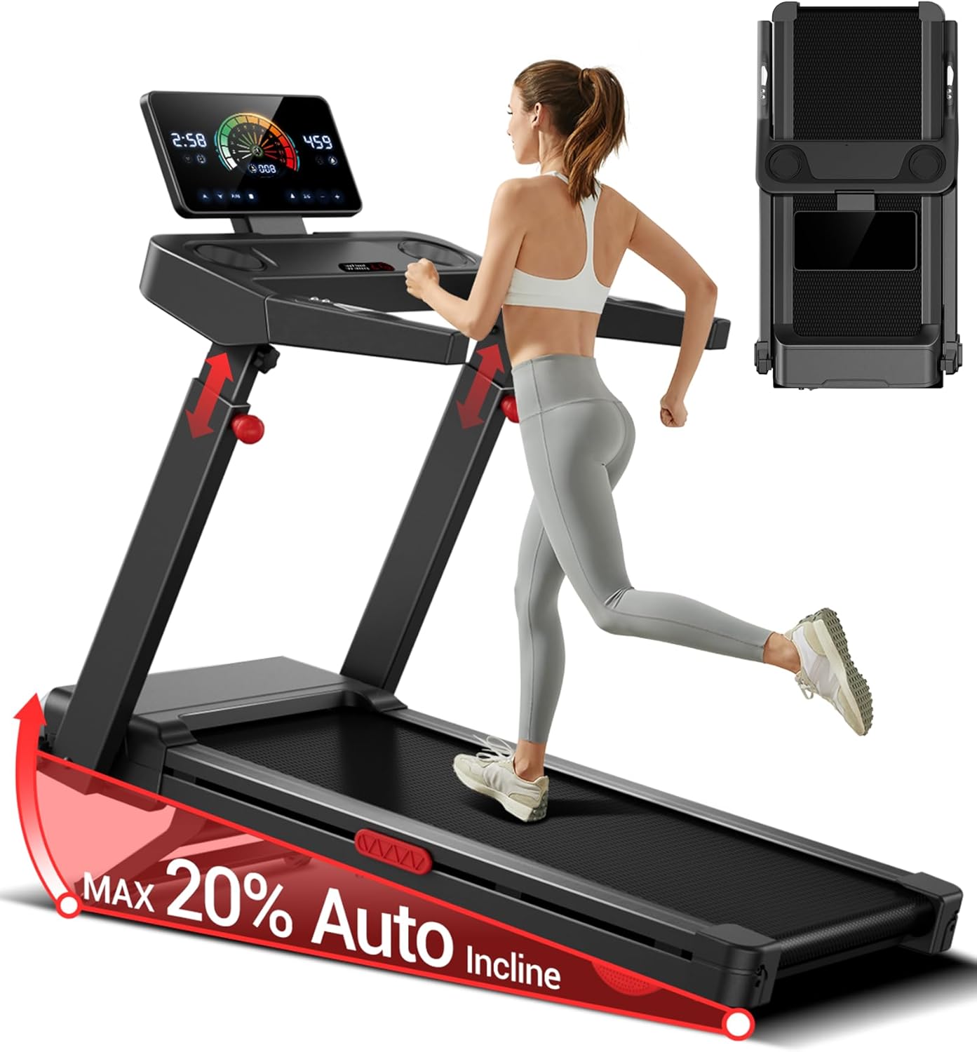 CURSOR FITNESS Foldable Treadmills for Home with 20% Incline, 16KM/H Treadmill with Handles, Running Machine with 180KG Weight Capacity, Large Running Belt and LED Touch Screen without Assembly