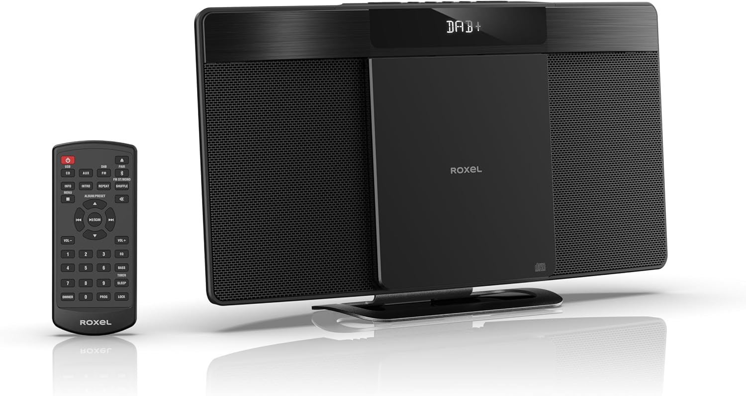 Roxel Micro HiFi System CD Player with DAB/DAB+/FM Radio, Wireless BT V5.4, Powerful Speakers, Wall Mountable, USB & AUX In, Remote Control, Sleek & Flat Design, White LED Display (RCD-200D DAB)