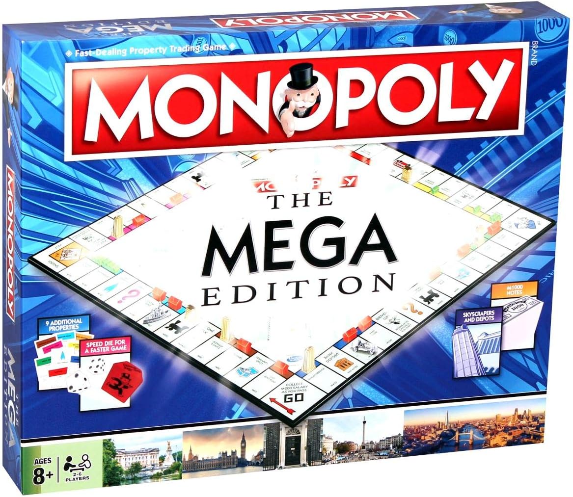 Winning Moves Mega Monopoly, an upgrade on the classic game board with 12 extra spaces including Downing Street, Saville Row and Knightsbridge, Invest in Skyscrapers, for ages 8 plus