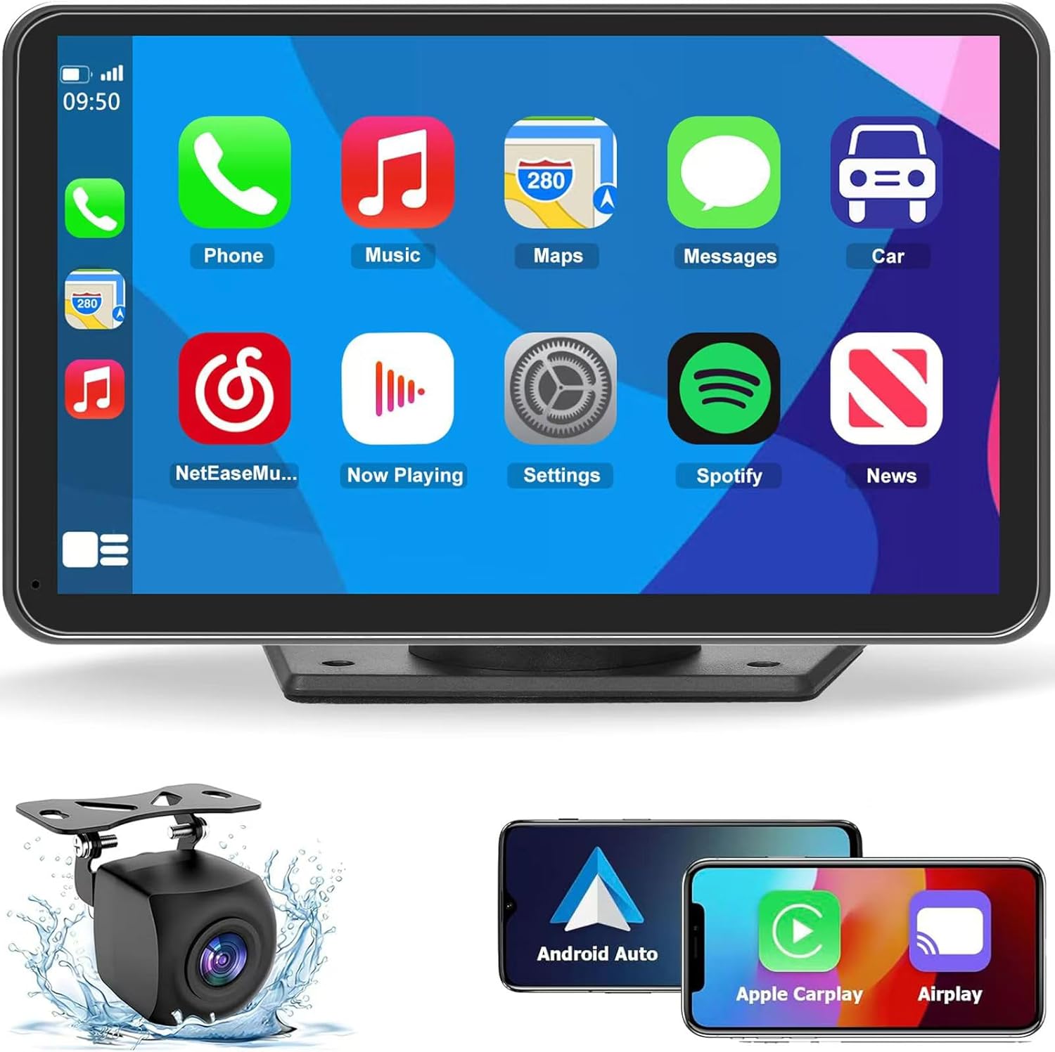 Wireless CarPlay Screen for Car, 7" HD Portable Stereo Touchscreen with Apple CarPlay & Android Auto, CarPlay Screen with Backup Camera, Mirror Link, Bluetooth, Navigation for All Vehicle