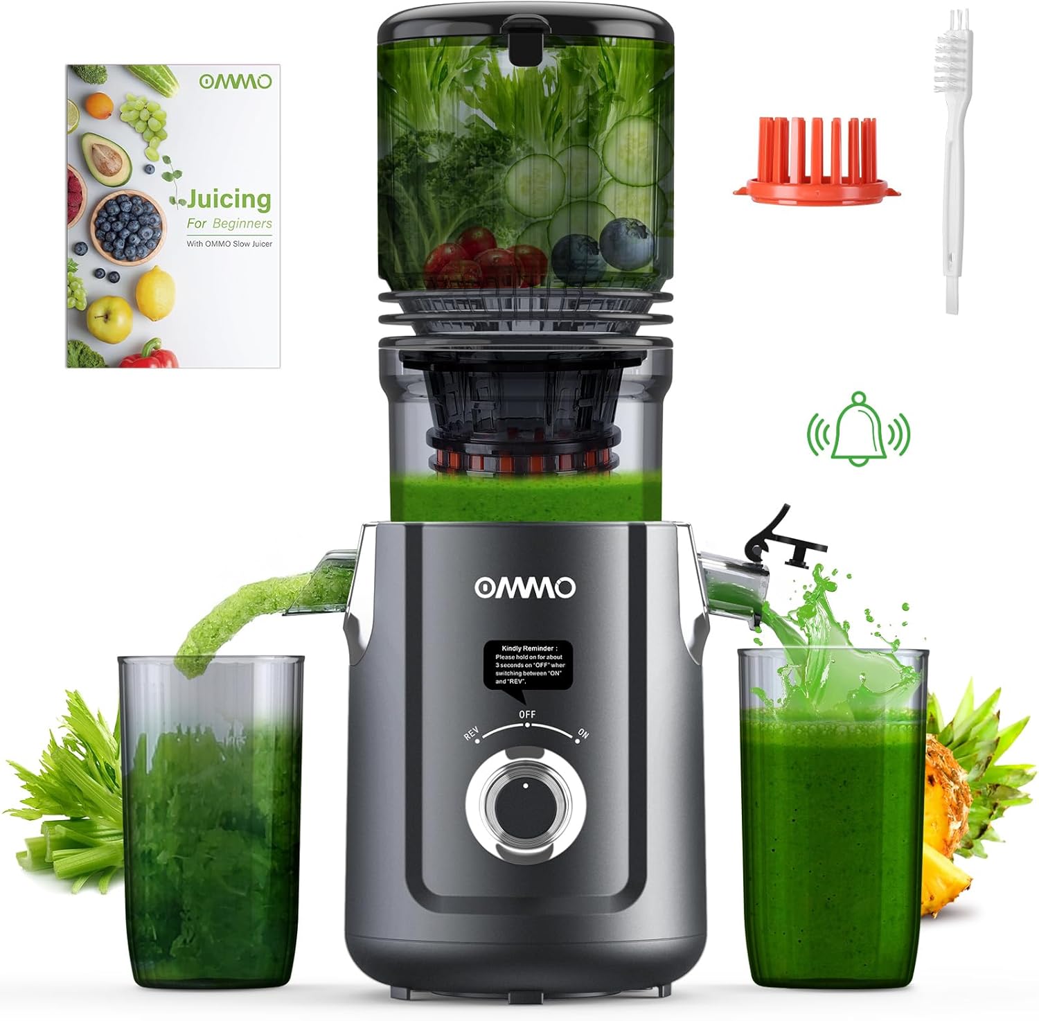 OMMO Juicer Machines, 5.1" Wide Chute Cold Press Juicer 300W for Whole Vegetables and Fruits, Easy to Clean, Beep Install Alert, Slow Juicers for Moms, Families, Fitness, Healthy Living, Grey