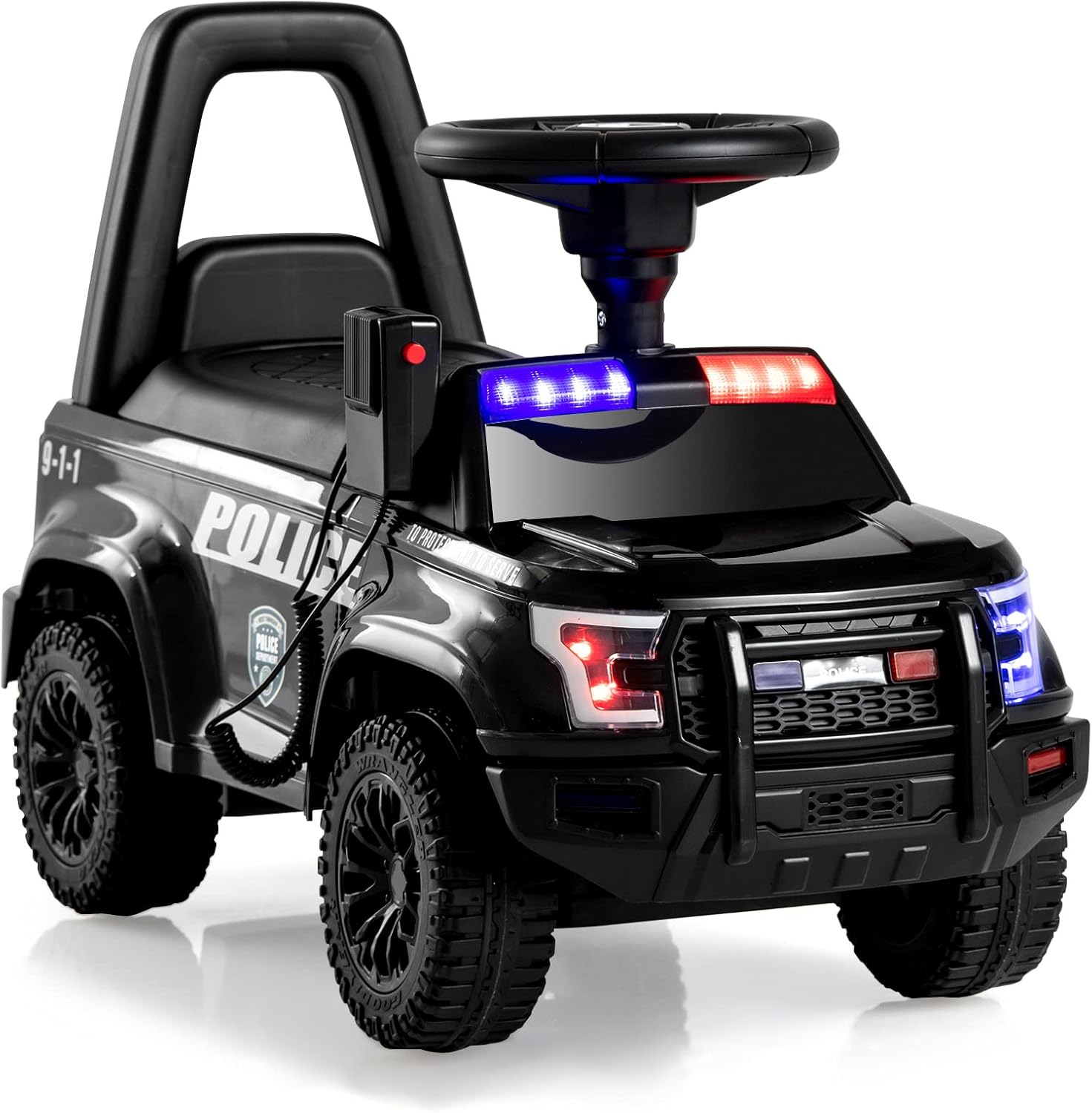 OLAKIDS Ride On Push Police Car, Toddler Foot-to-Floor Sliding Toy with Siren, Steering Wheel, Megaphone, Horn, Headlights, Under Seat Storage, Kids Racer Walking Gift for Boys Girls 1-3 (Black)