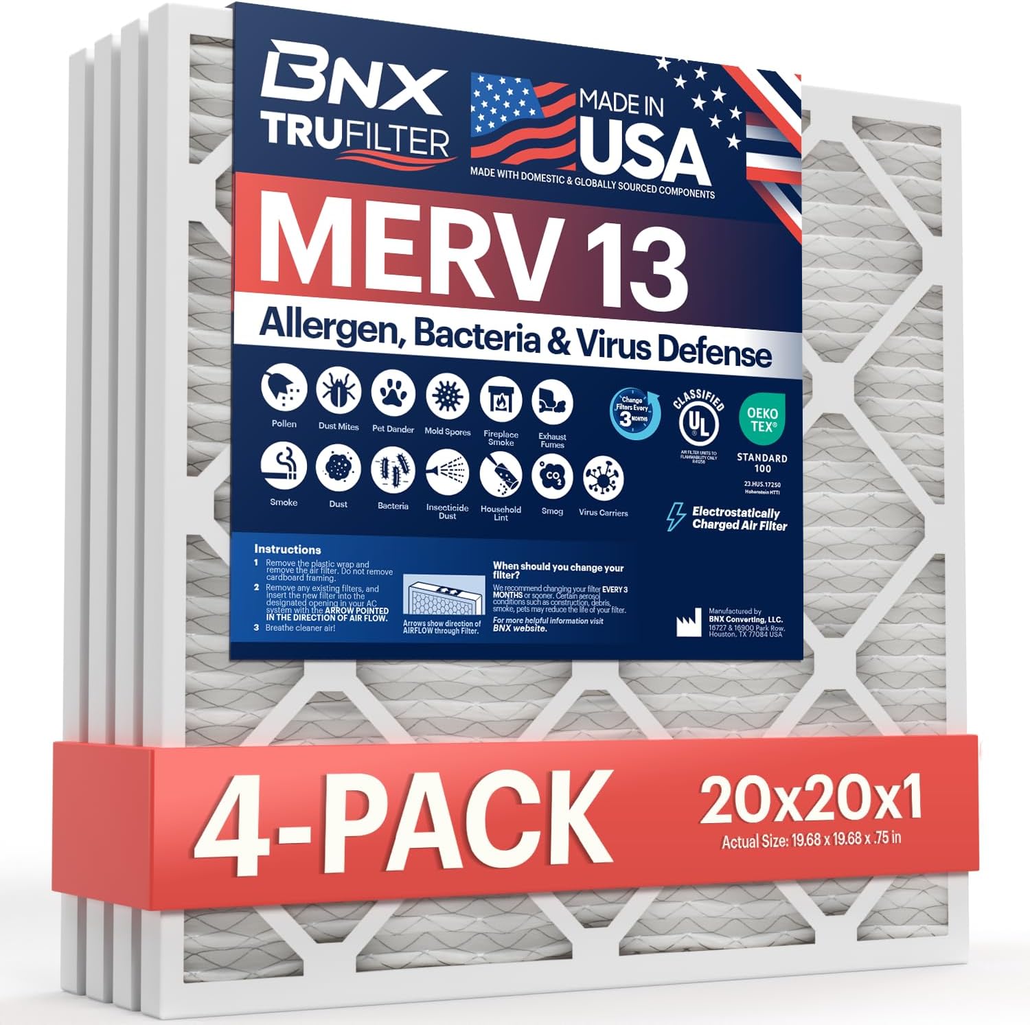 BNX TruFilter 20x20x1 MERV 13 (4-Pack) AC Furnace Air Filter - MADE IN USA - Electrostatic Pleated Air Conditioner HVAC AC Furnace Filters - Removes Pollen, Mold, Bacteria, Smoke