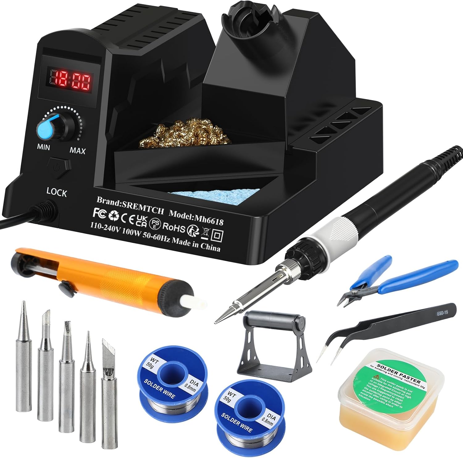 SREMTCH 100W Digital Display Soldering Iron Station Kit, 12-in-1 Soldering Station with 5 Iron Tips, Solder Paster, Lead-Free Solder, Solder Sucker, S/S Tweezers, Auto Sleep 180°C to 480°C Temperature