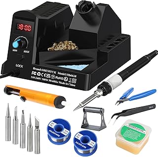 SREMTCH 100W Digital Display Soldering Iron Station Kit, 12-in-1 Soldering Station with 5 Iron Tips, Solder Paster, Lead-Free Solder, Solder Sucker, S/S Tweezers, Auto Sleep 180°C to 480°C Temperature