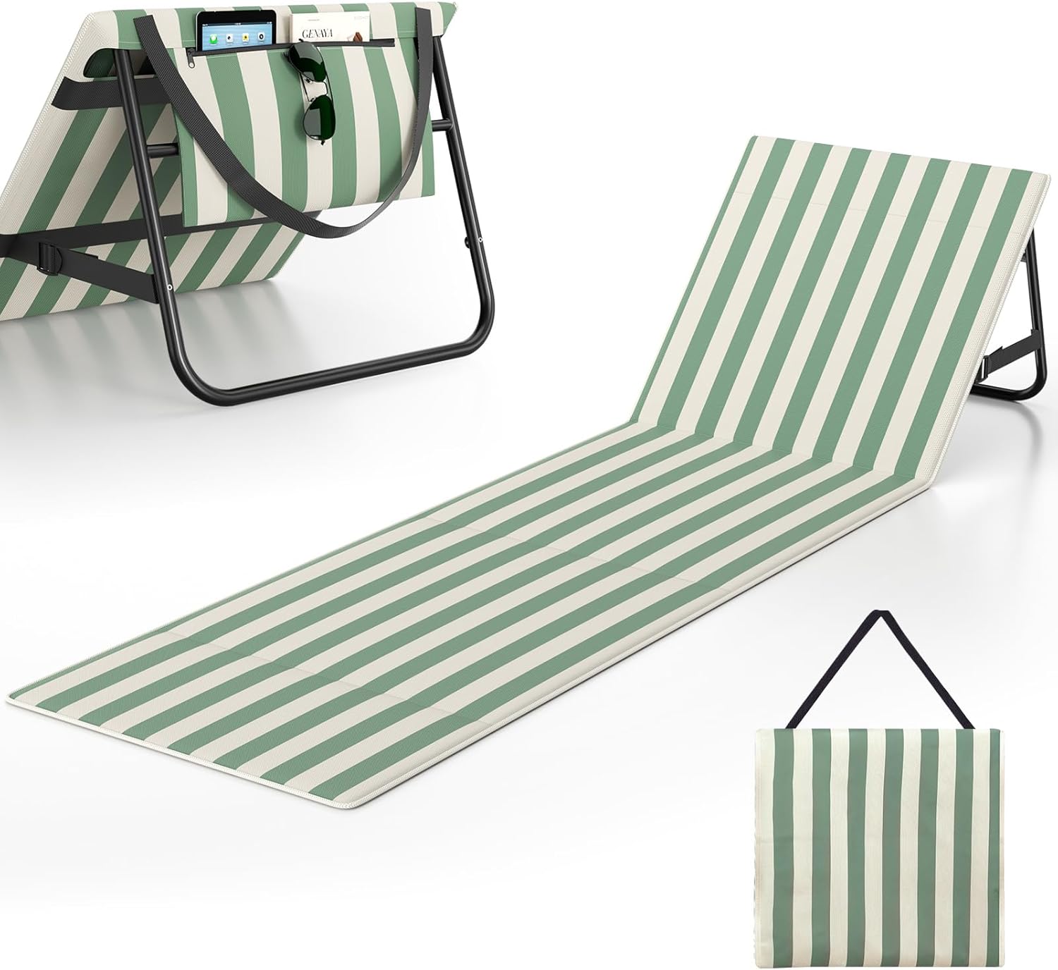 Folding Beach Mat with Back Rest,Beach Chair Mat,Sun Lounger Adjustable Backrest & Zippered Pocket,Foldable 600D Oxford Lightweight Portable Sunlounger with Handle for Camping Garden Pool,180*55*42