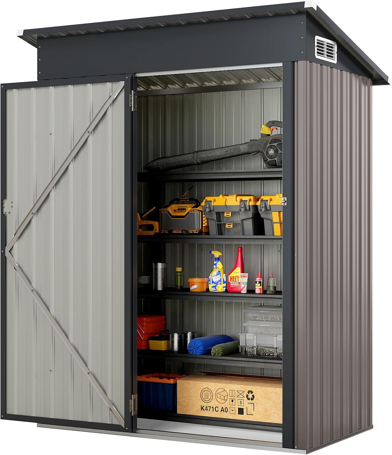 TANGZON 5 x 3FT Metal Garden Shed, Galvanized Steel Outdoor Tool Storage House with Top Sloping Design, Opening Door, Air Vents, Tool Utility Gardening Shed Box (150x88x185cm, Light Grey)