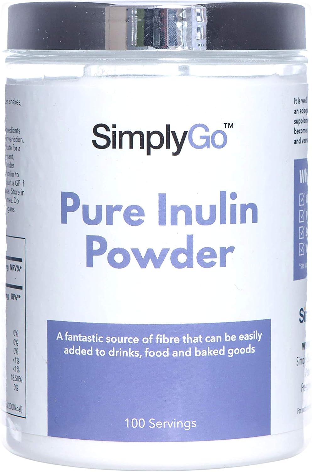 SimplyGo Pure Inulin Powder | 500g | 100 Servings | Great Source of Soluble Dietary Fibre | Prebiotic Supplement | Vegan Friendly | Resealable Tub for Ease