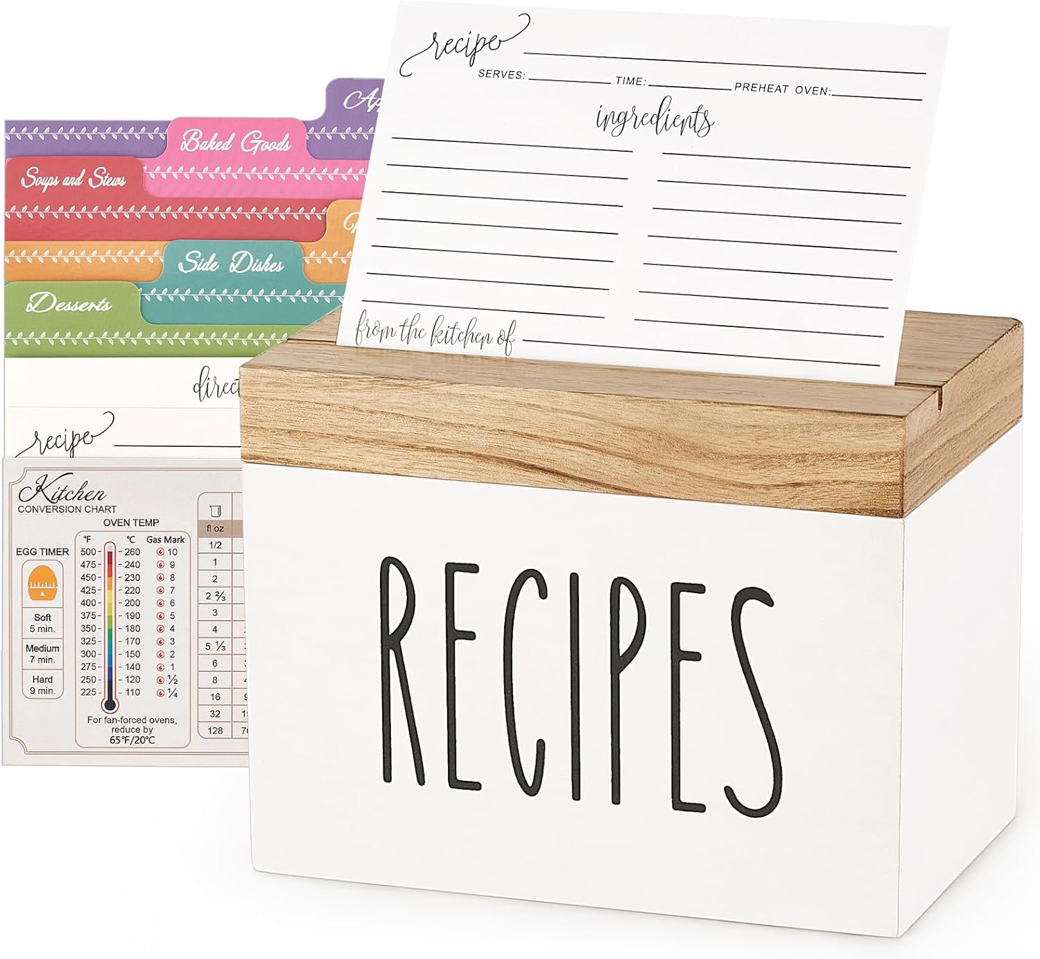 Dahey Wooden Recipe Box White Recipe Organizer with 100 Recipe Cards and 6 Dividers, Recipe Card Holder Box Set with Brown Lid and Slots to Write in Your Own Recipes for Cooking Lover Kitchen