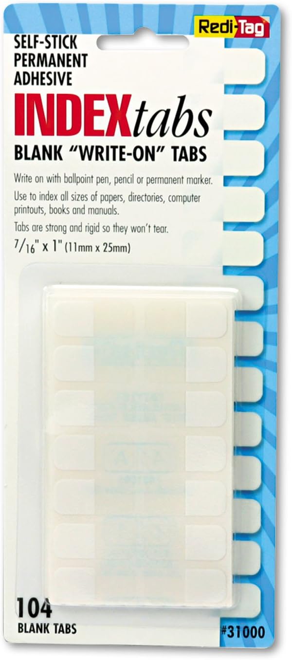 Redi-Tag, RTG31000, Permanent Stick Write-On Index Tabs, 104 / Pack , White