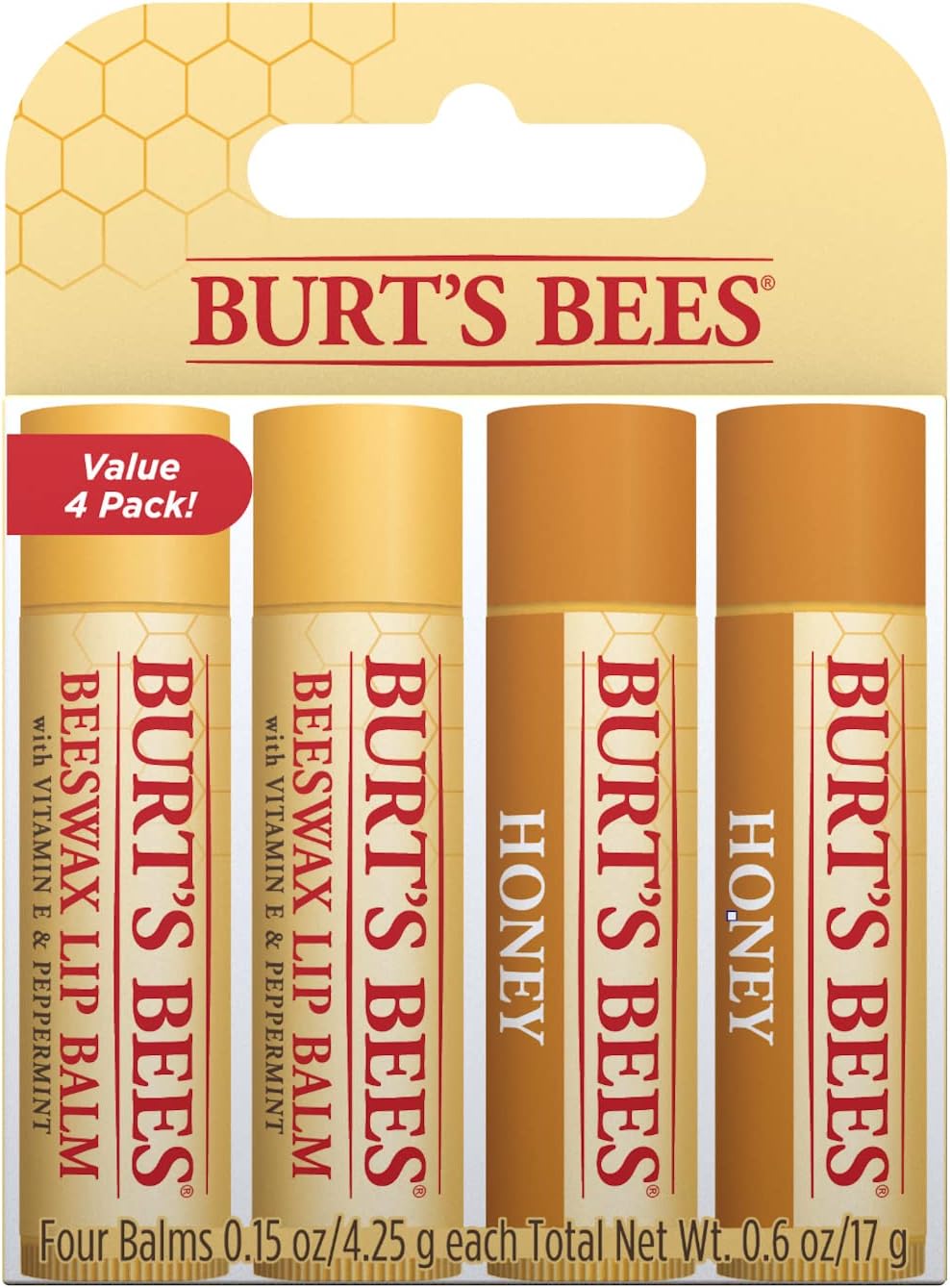 Burt's Bees Lip Balm Multipack, Moisturising Lip Balm Set With Beeswax & Honey, Value Pack, 4x4.25g