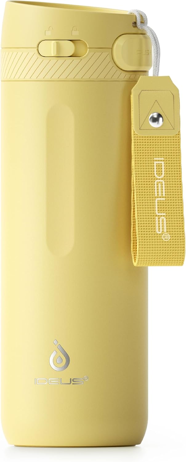 IDEUS Insulated Stainless Steel Water Bottle 17 oz Push Button Lid & Leakproof Travel Mug for Hot/Cold Beverages Fits Most Cup Holder, Light Yellow