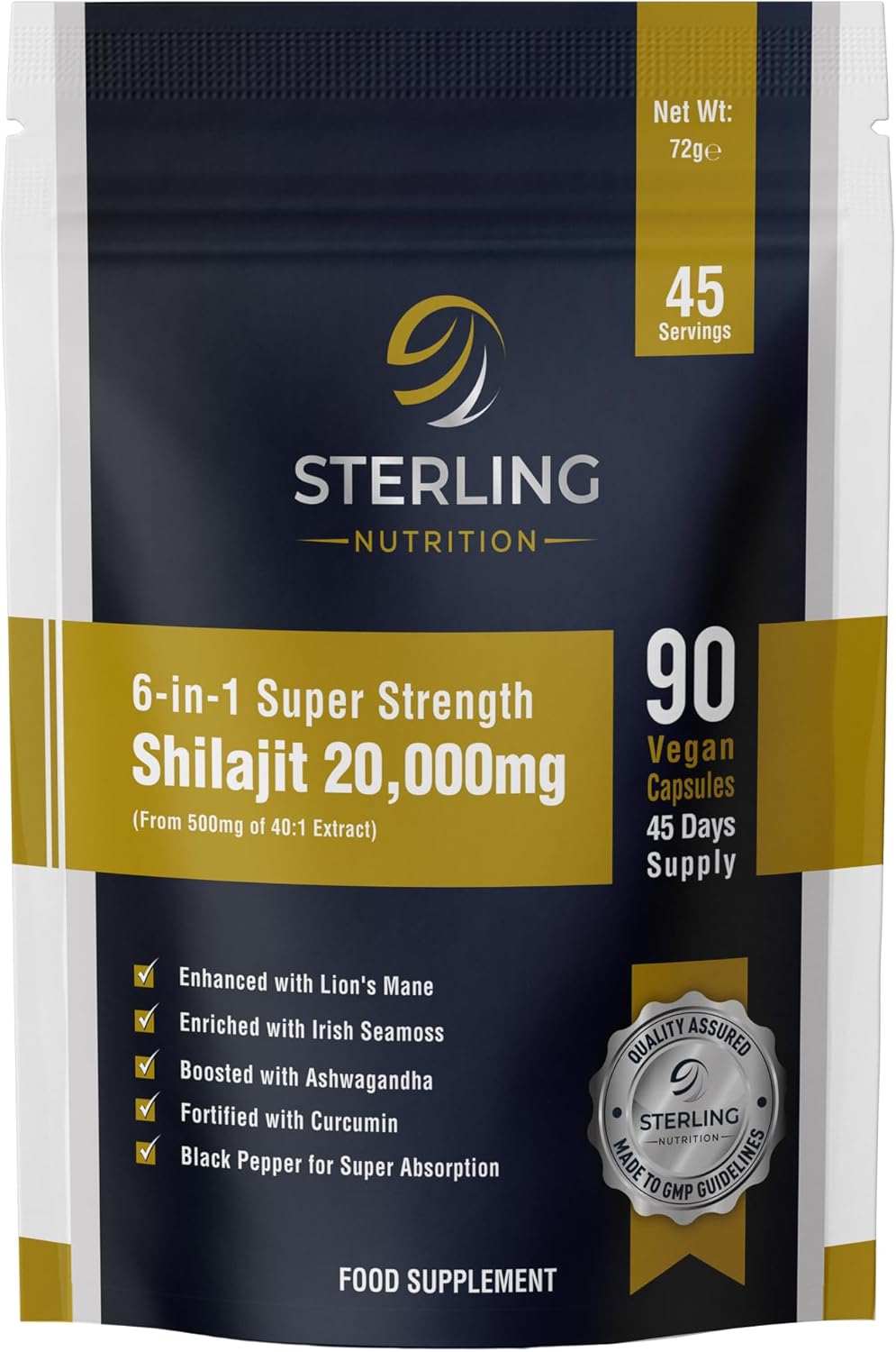 6-in-1 Super Strength Himalayan Shilajit Complex - Vegan Capsules for Adults, Pack of 90 Supplements | 20000mg, Lion's Mane, Irish Sea Moss, Ashwagandha Curcumin & Black Pepper | STERLING NUTRITION