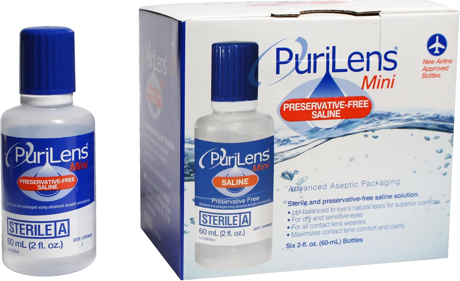Purilens Mini Preservative-Free Contact Lens Saline 60ml (2 fl. oz.) 6 Pack