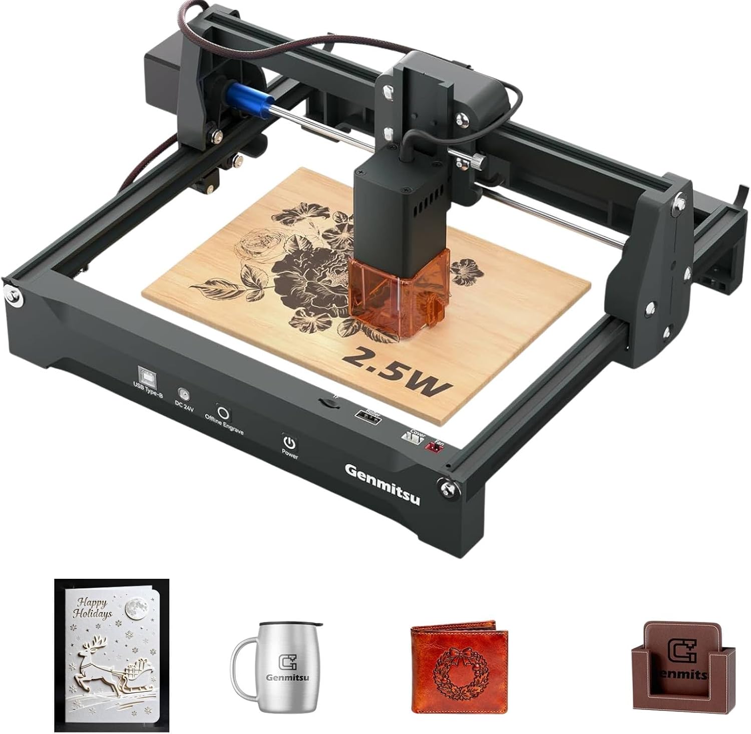 Genmitsu Laser Engraver Machine Kortek 2.5W, 200x150mm, Portable Engraving Machine for DIY Wood, Leather, Paper, Leaves, Fiber, Safety Class 1
