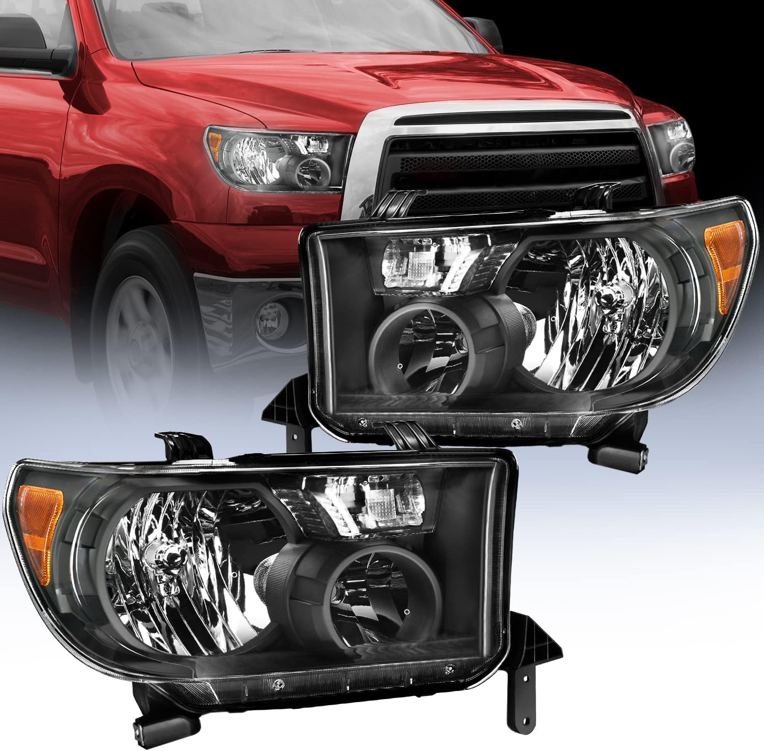 Nilight Headlight Assembly for 2007 2008 2009 2010 2011 2012 2013 Toyota Tundra 2008-2017 Sequoia Headlamps Replacement Black Housing Amber Reflector Driver and Passenger Side