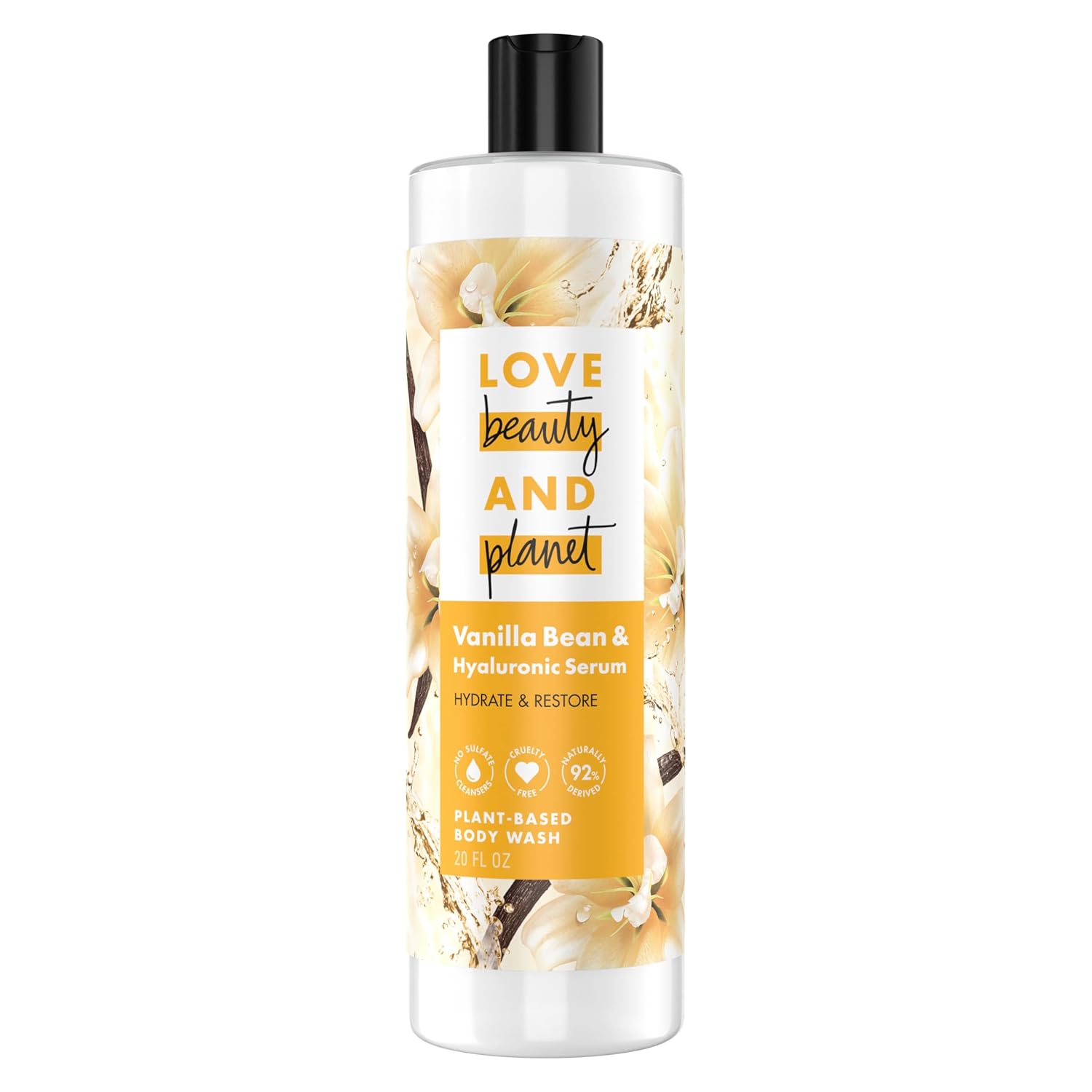 Love Beauty and Planet Plant-Based Body Wash Hydrate & Restore Vanilla Bean & Hyaluronic Serum No Sulfate Cleansers, Cruelty Free, 92% Naturally Derived 20 oz