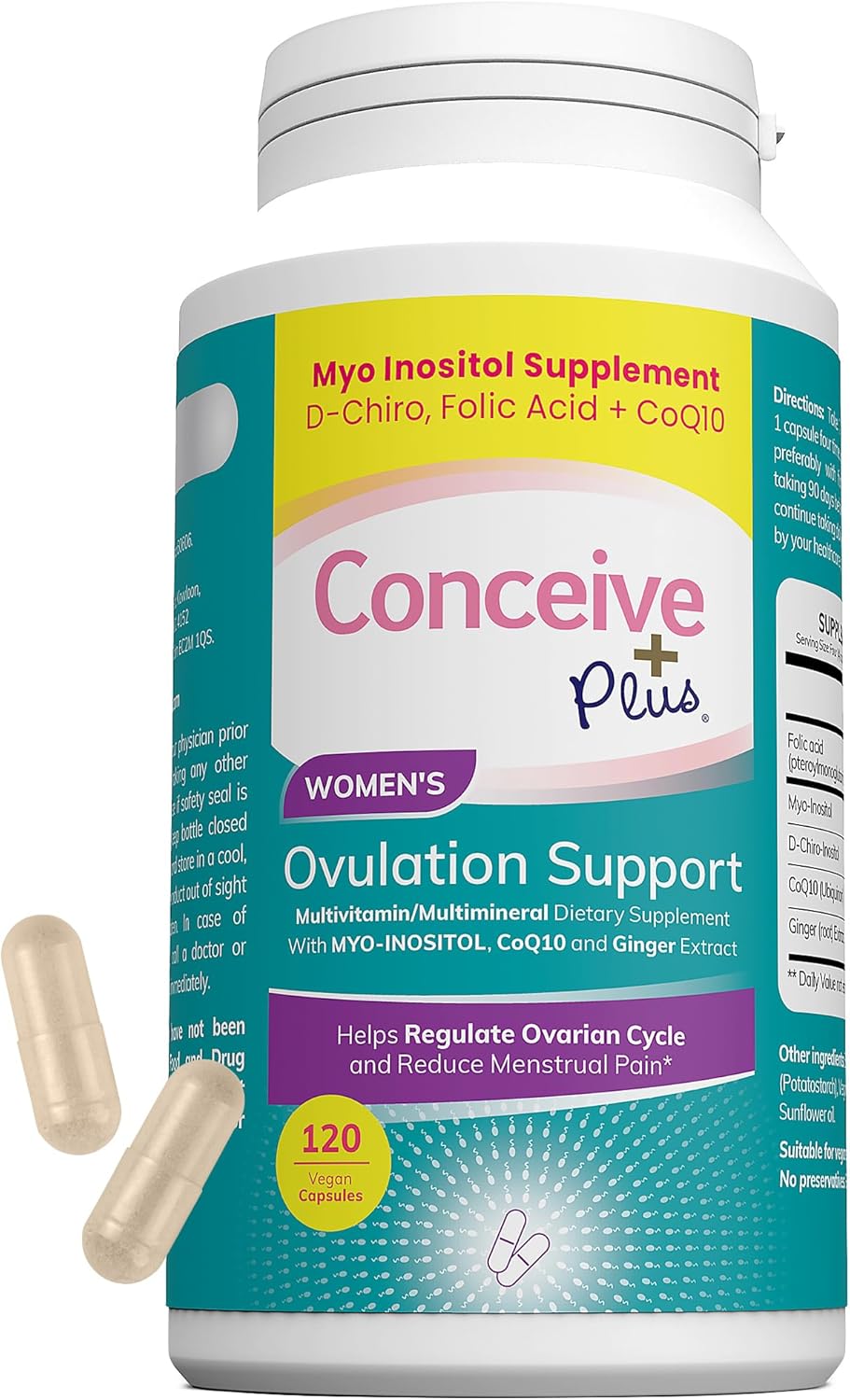CONCEIVE PLUS Ovulation Support Supplement | Myo-Inositol & D-Chiro Inositol Blend with Coq10, Folic Acid, Ginger - PCOS Relief, Healthy Ovarian Support - Multi Vitamins Woman 120 Inositol Capsules