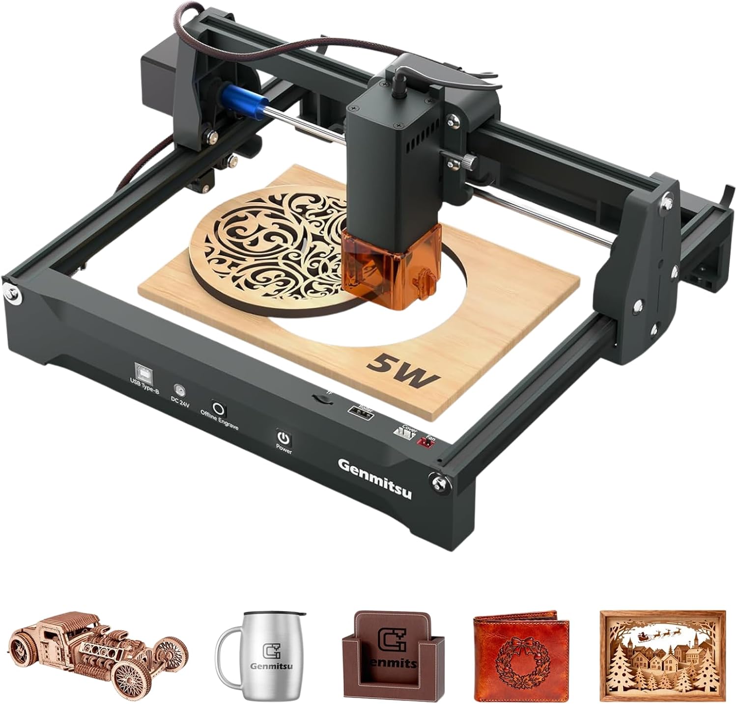 Genmitsu Laser Engraver Machine Kortek 5W, 200x150mm, Portable CNC Laser Cutter for DIY Wood, Opaque Acrylic, Leather, Glass, Ceramic, Metal, Fiber, Safety Class 1