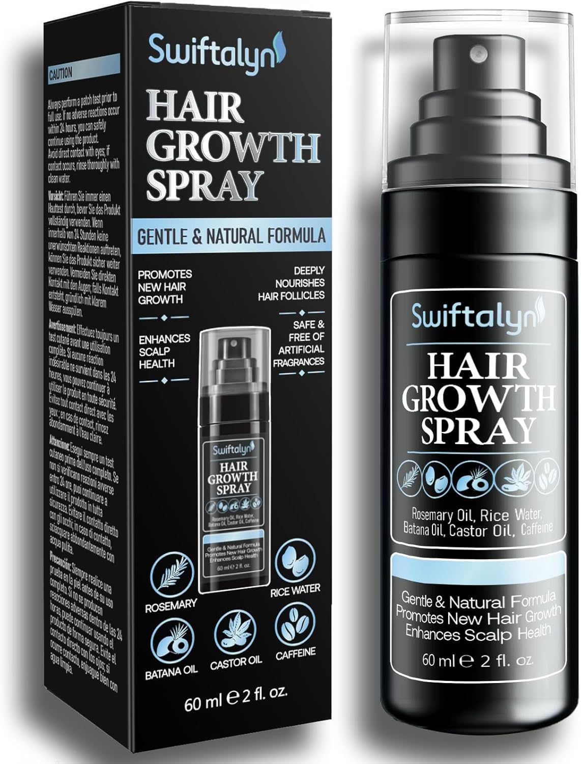 Natural Hair Growth Spray Serum for Men: Hair and Scalp Oil with Rosemary, Batana Oil, Rice Water, Castor Oil, Caffeine, Biotin - Effective Hair Thickening and Hair Loss Treatment for Men 60ml