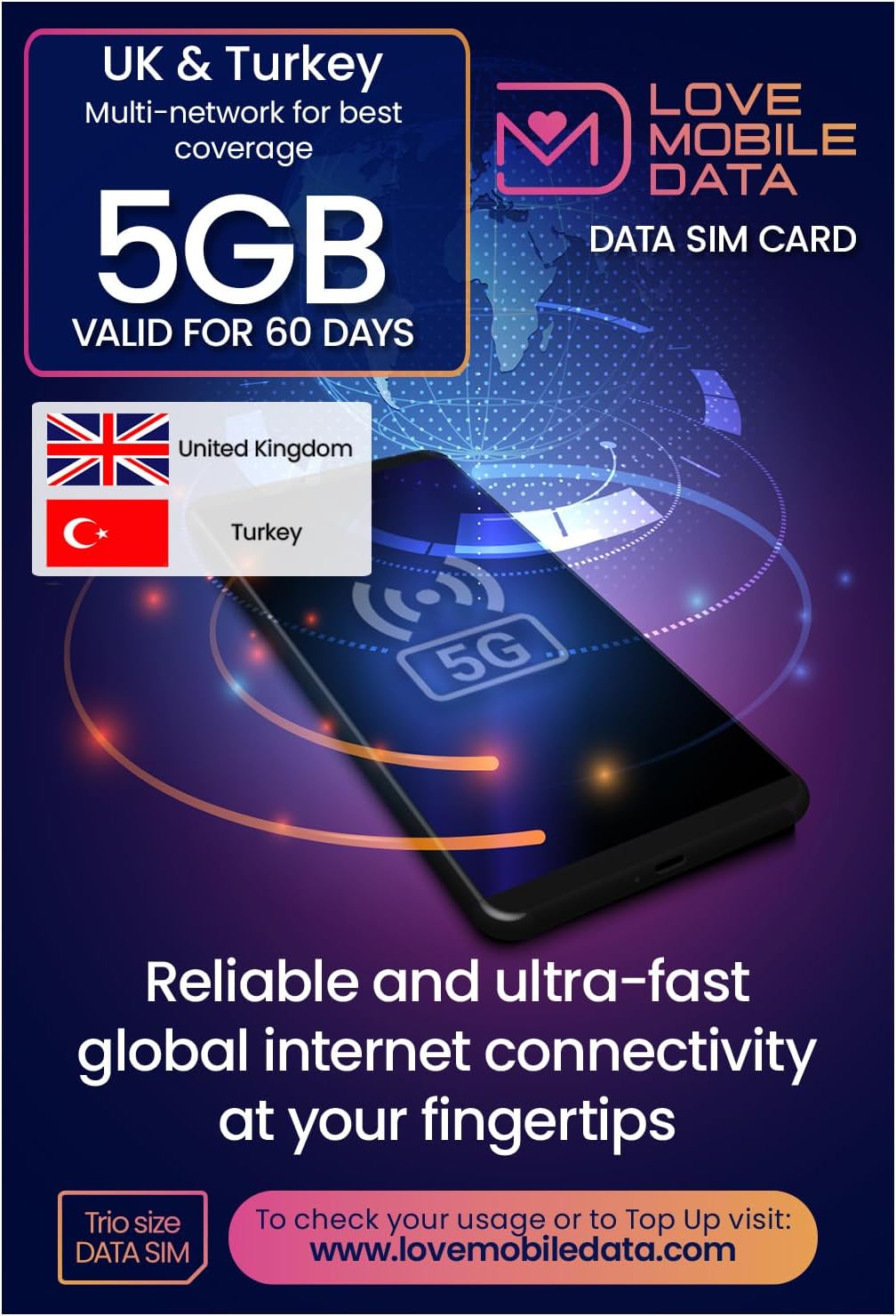 Love Mobile Data Only Sim Card - International Multi-Network 4G/5G Prepaid Pay As You Go Data Sim for Mobile Phones, WiFi Routers, & More, UK & Turkey Coverage, 5GB for 60 Days