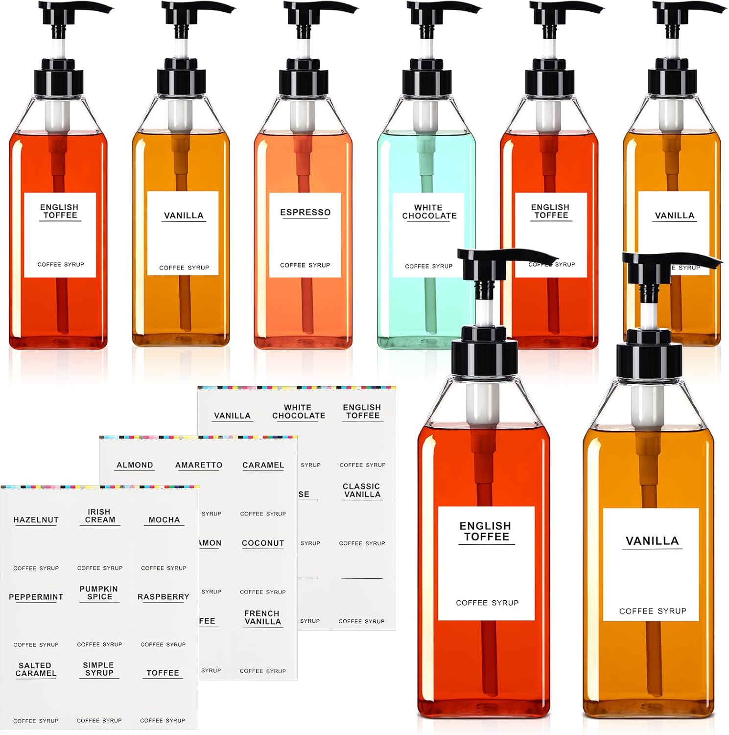 Nuogo 6 Pcs Coffee Syrup Dispenser Set 300ml, 500ml, 750ml Black Syrup Bottles with Pump Dispenser 27 Labels Kitchen Accessories(16.9 oz)